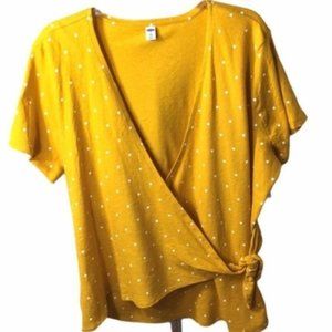 Old Navy Yellow White Polka Dot VNeck Wrap Tie Shirt
